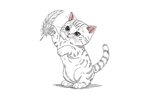 Adorable Kitten Playing with Feather: A Seasonal Embroidery Gem