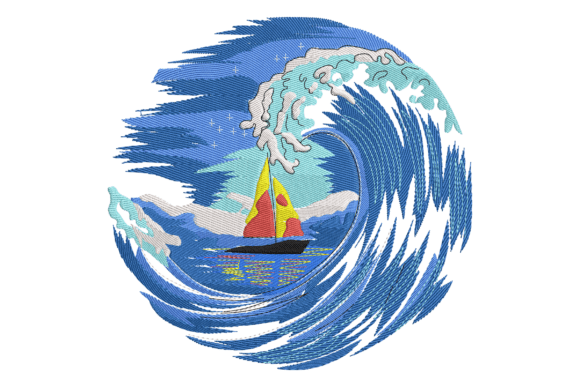 Ocean Wave and Sailboat Embroidery Design